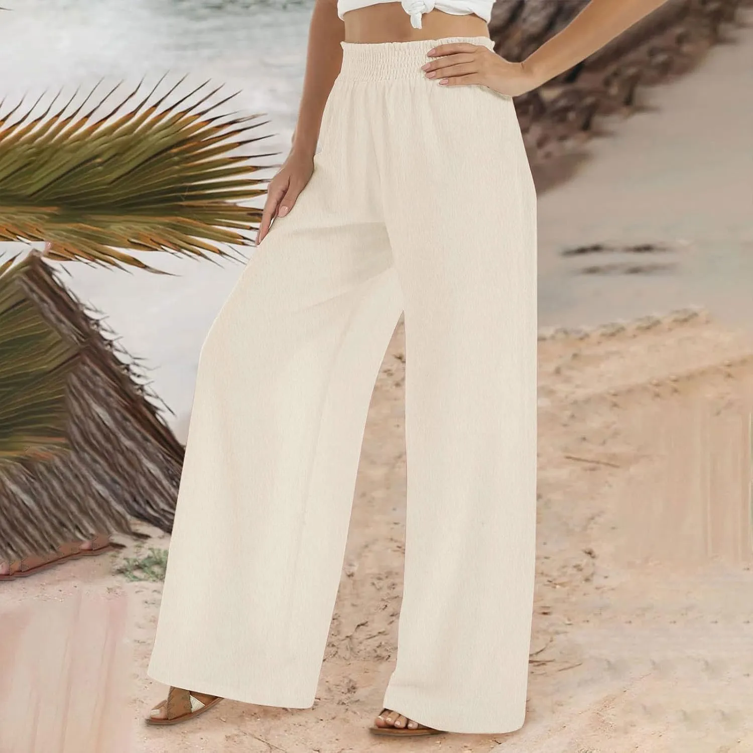 DOLKFU Wide Leg Lounge Pants for Women Elastic High Waist Paperbag Pants Baggy Flowy Straight Leg Palazzo Pants