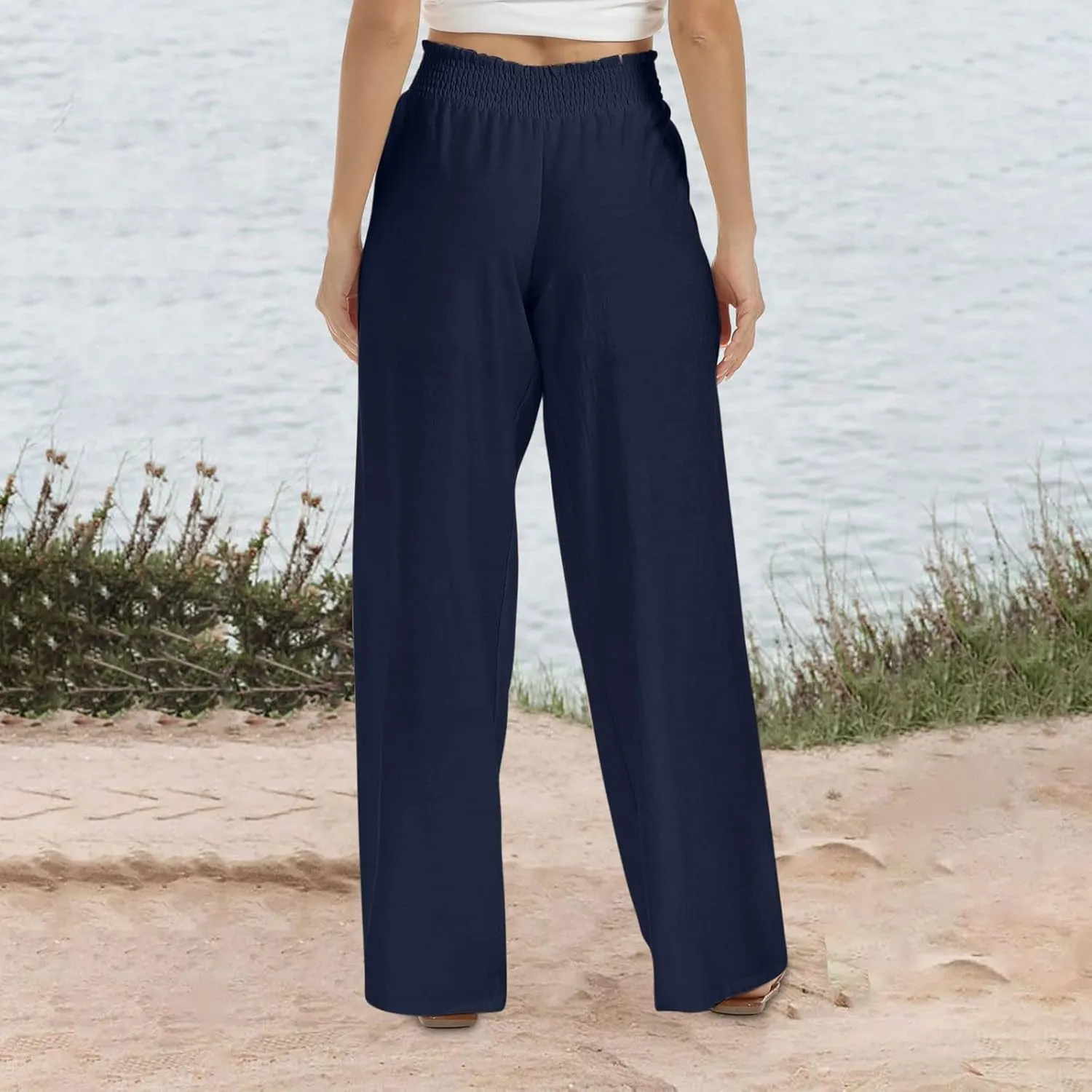 DOLKFU Wide Leg Lounge Pants for Women Elastic High Waist Paperbag Pants Baggy Flowy Straight Leg Palazzo Pants
