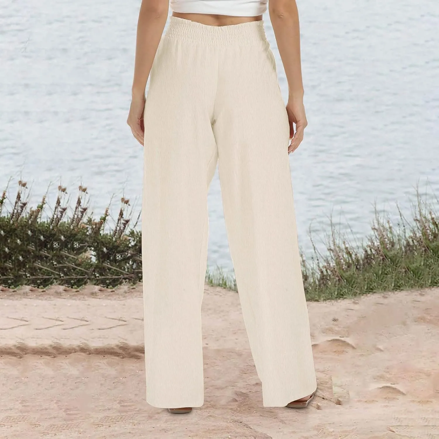 DOLKFU Wide Leg Lounge Pants for Women Elastic High Waist Paperbag Pants Baggy Flowy Straight Leg Palazzo Pants