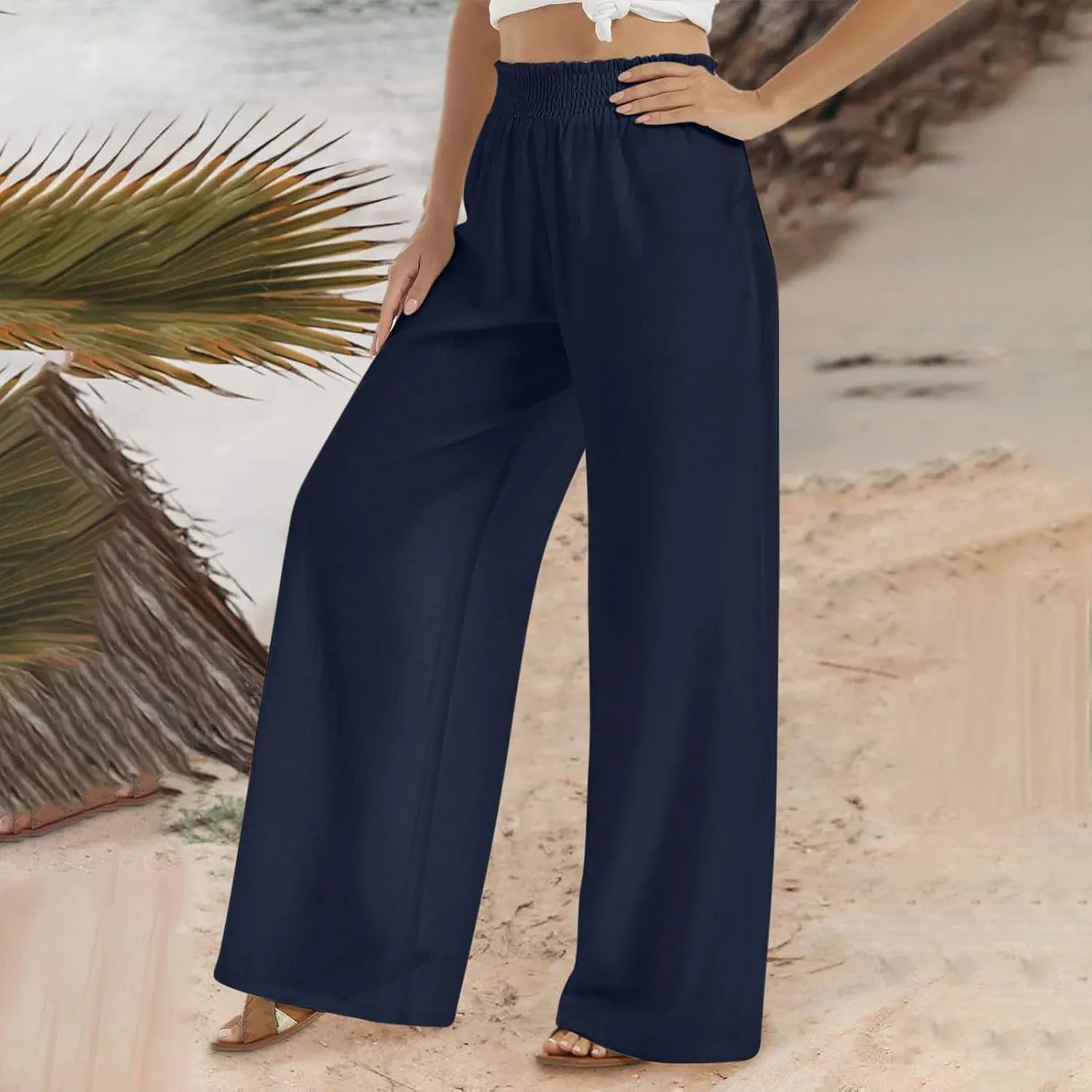 DOLKFU Wide Leg Lounge Pants for Women Elastic High Waist Paperbag Pants Baggy Flowy Straight Leg Palazzo Pants