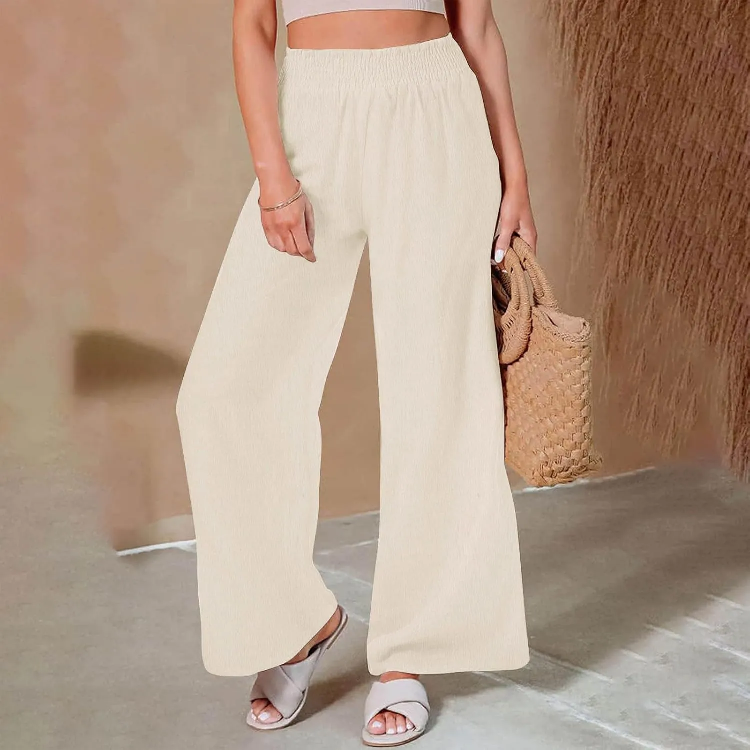 DOLKFU Wide Leg Lounge Pants for Women Elastic High Waist Paperbag Pants Baggy Flowy Straight Leg Palazzo Pants