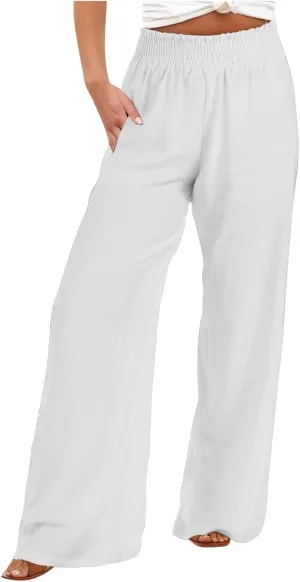 DOLKFU Wide Leg Lounge Pants for Women Elastic High Waist Paperbag Pants Baggy Flowy Straight Leg Palazzo Pants