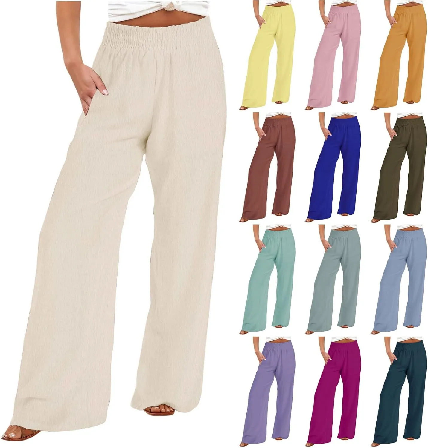DOLKFU Wide Leg Lounge Pants for Women Elastic High Waist Paperbag Pants Baggy Flowy Straight Leg Palazzo Pants