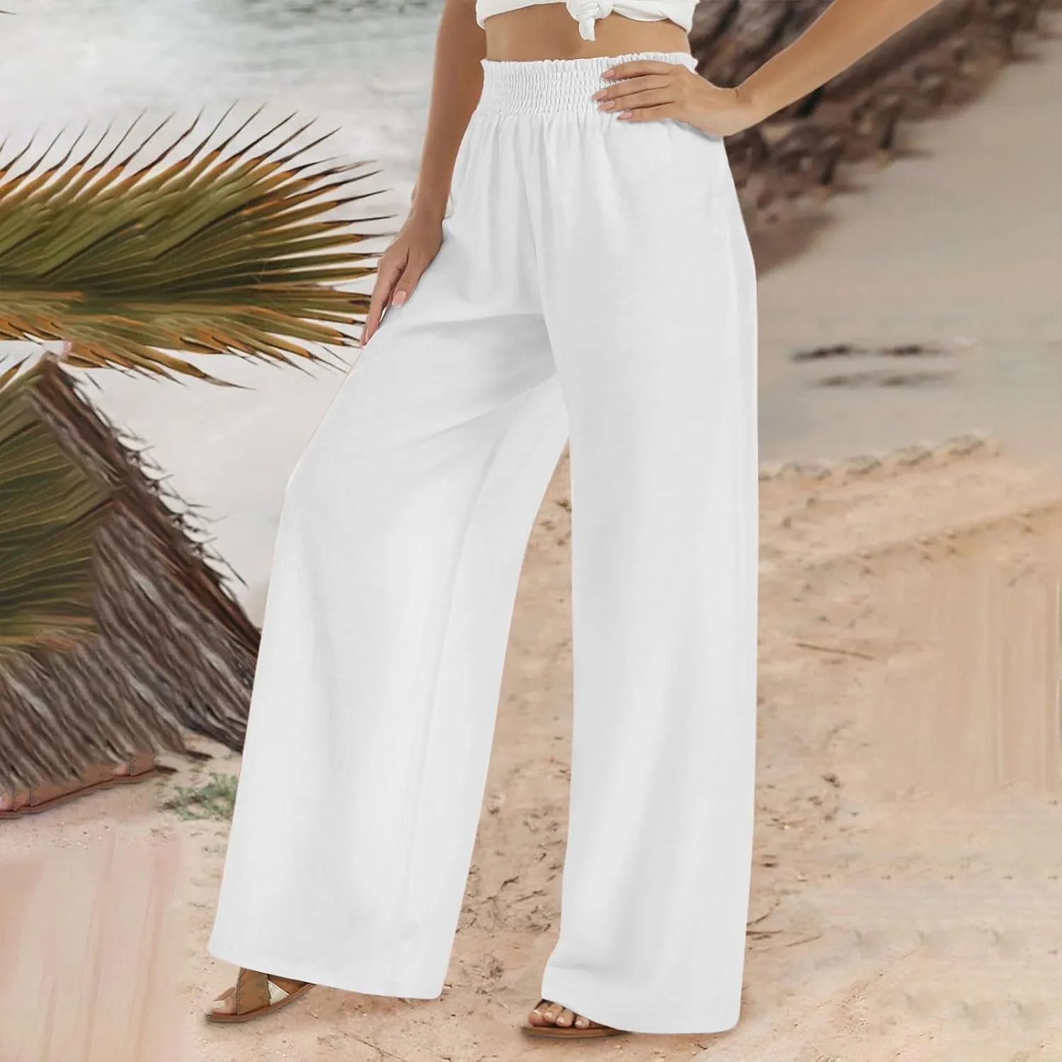 DOLKFU Wide Leg Lounge Pants for Women Elastic High Waist Paperbag Pants Baggy Flowy Straight Leg Palazzo Pants
