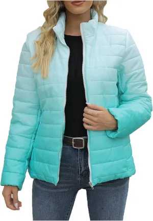 DOLKFU Womens Gradient Down Puffer Jacket Light Weight Quilted Coats Long Sleeve Coat 2022 Trendy Warm Winter Outerwear
