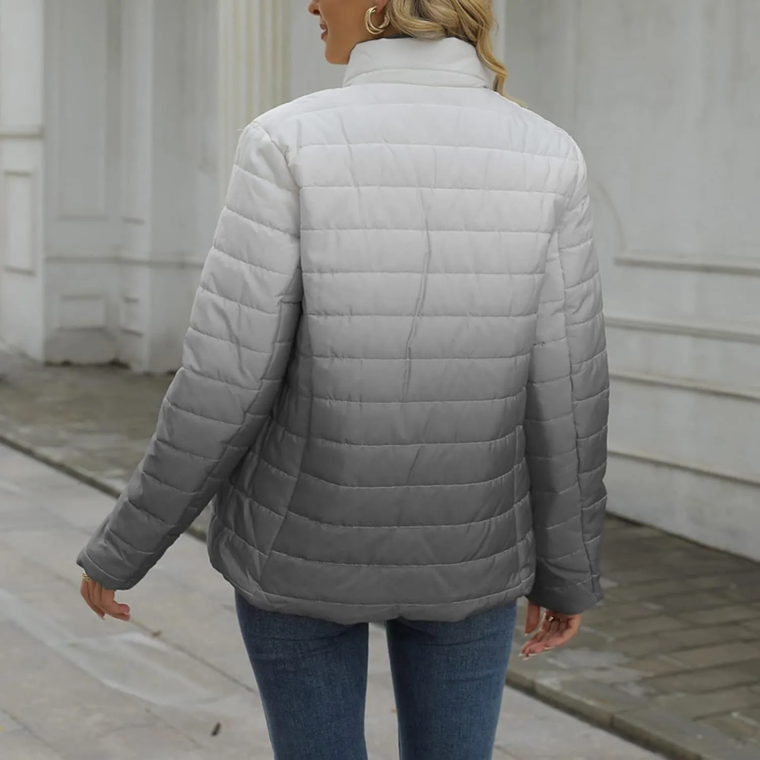 DOLKFU Womens Gradient Down Puffer Jacket Light Weight Quilted Coats Long Sleeve Coat 2022 Trendy Warm Winter Outerwear