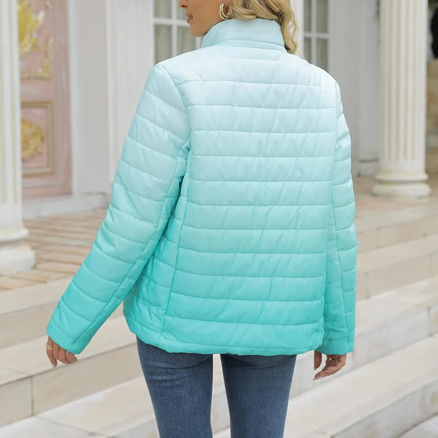 DOLKFU Womens Gradient Down Puffer Jacket Light Weight Quilted Coats Long Sleeve Coat 2022 Trendy Warm Winter Outerwear