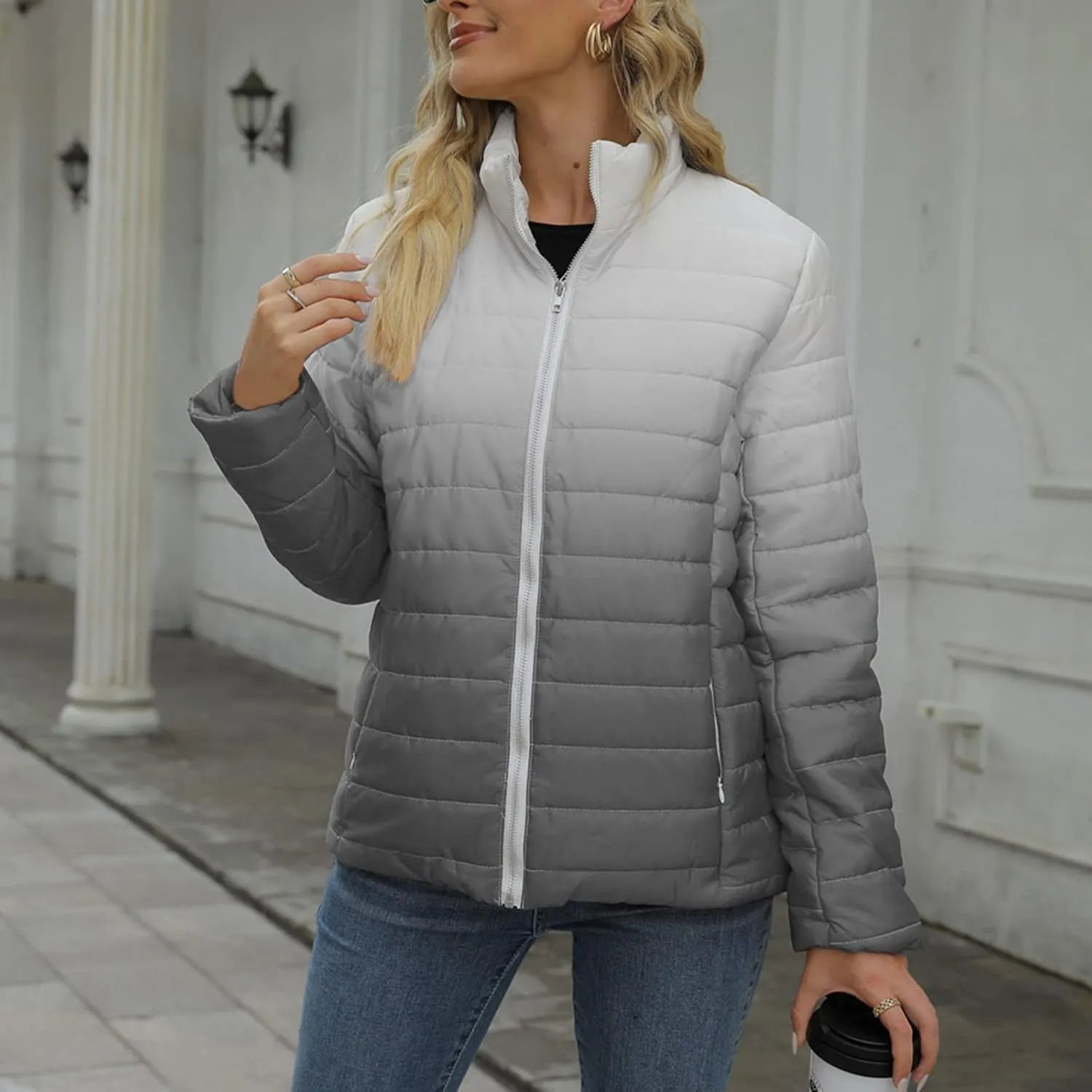 DOLKFU Womens Gradient Down Puffer Jacket Light Weight Quilted Coats Long Sleeve Coat 2022 Trendy Warm Winter Outerwear