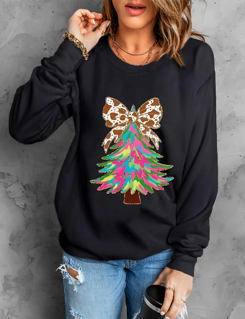 Ecosunny Christmas Sweatshirts Womens Sequin Santa Graphic Shirt Csausl Crewneck Long Sleeve Holiday Pullover Tops