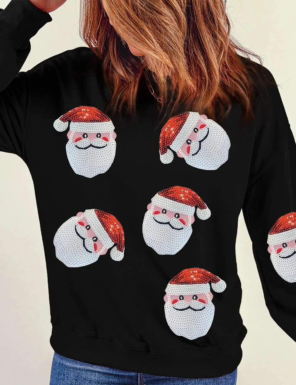 Ecosunny Christmas Sweatshirts Womens Sequin Santa Graphic Shirt Csausl Crewneck Long Sleeve Holiday Pullover Tops