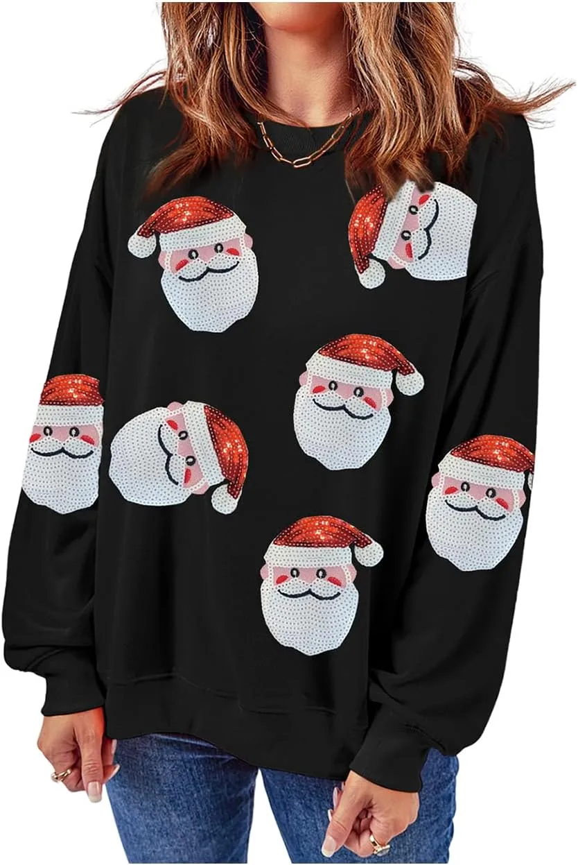 Ecosunny Christmas Sweatshirts Womens Sequin Santa Graphic Shirt Csausl Crewneck Long Sleeve Holiday Pullover Tops