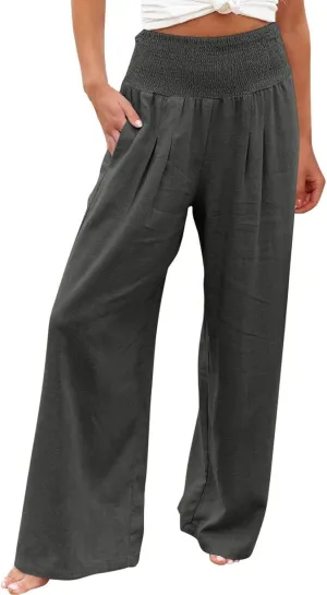 Elastic Waist Linen Pants for Women High Rise Yoga Pants Summer Casual Flowy Pants Loose Fit Lounge Pants with Pocket