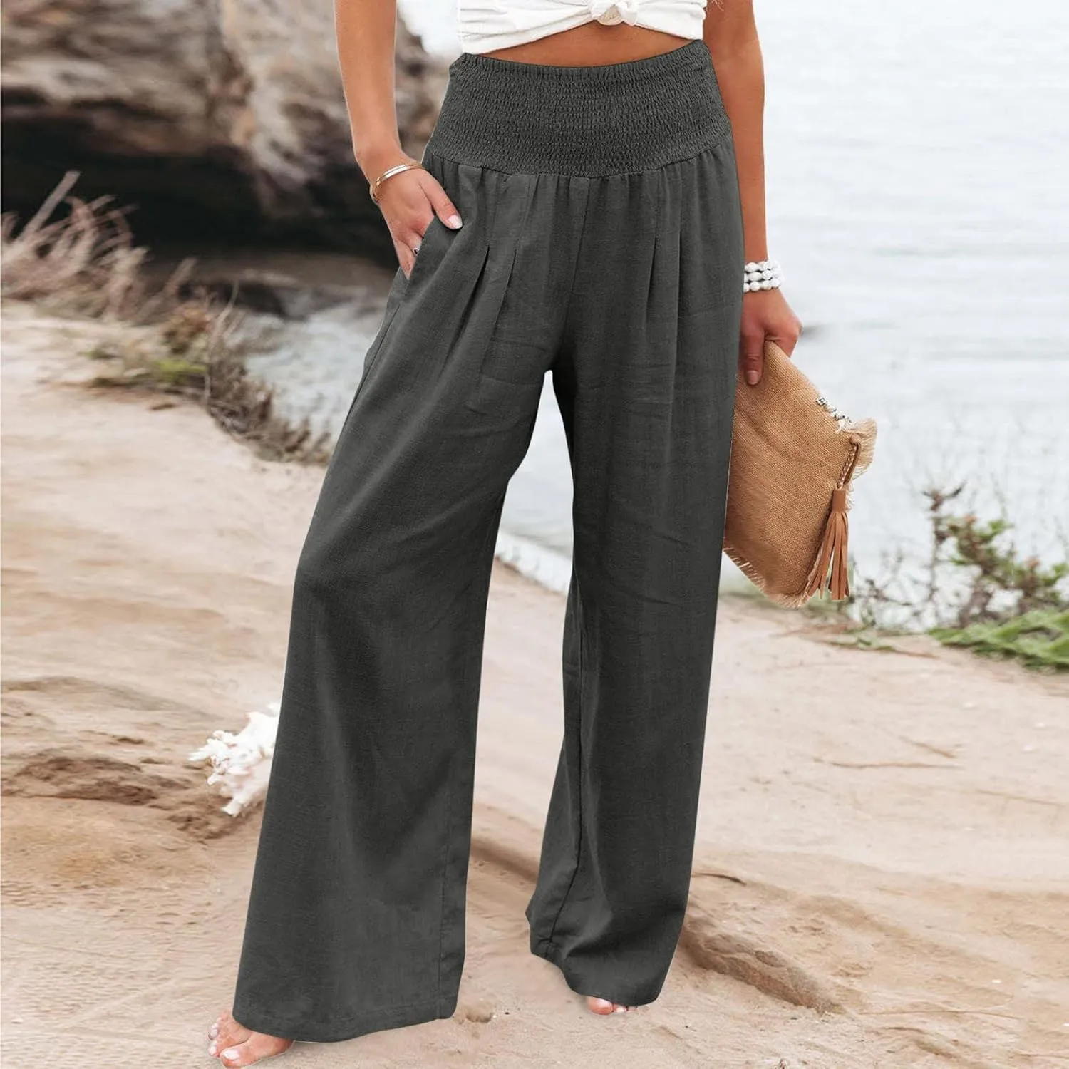 Elastic Waist Linen Pants for Women High Rise Yoga Pants Summer Casual Flowy Pants Loose Fit Lounge Pants with Pocket