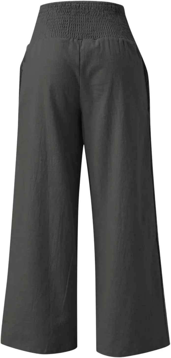 Elastic Waist Linen Pants for Women High Rise Yoga Pants Summer Casual Flowy Pants Loose Fit Lounge Pants with Pocket