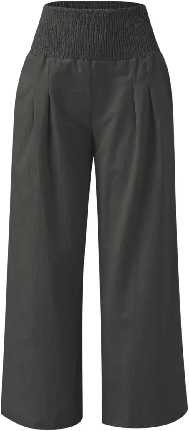 Elastic Waist Linen Pants for Women High Rise Yoga Pants Summer Casual Flowy Pants Loose Fit Lounge Pants with Pocket