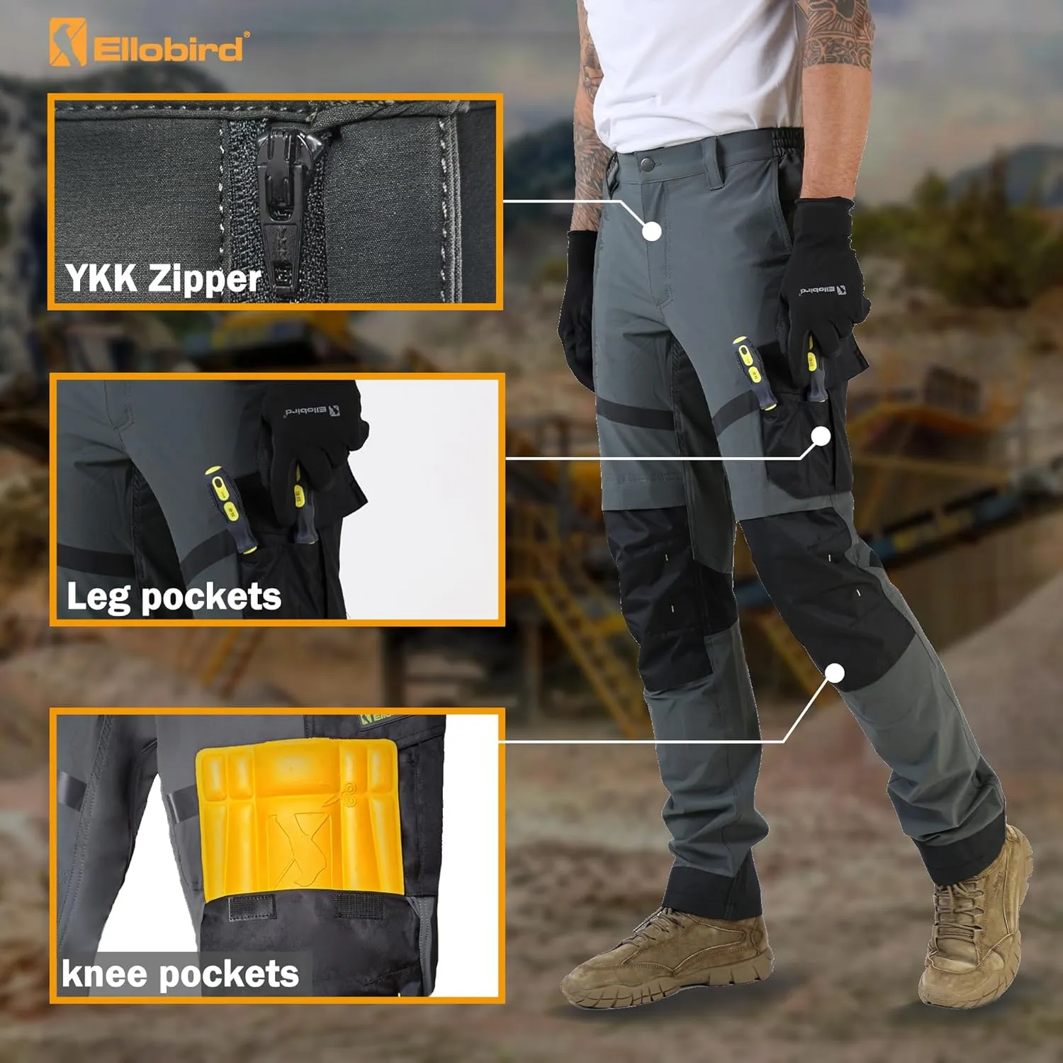 Ellobird Construction Work Pants for Men Summer Cargo 4 Way Stretch Relaxed Fit Water Repellent Double Knee Work Utility