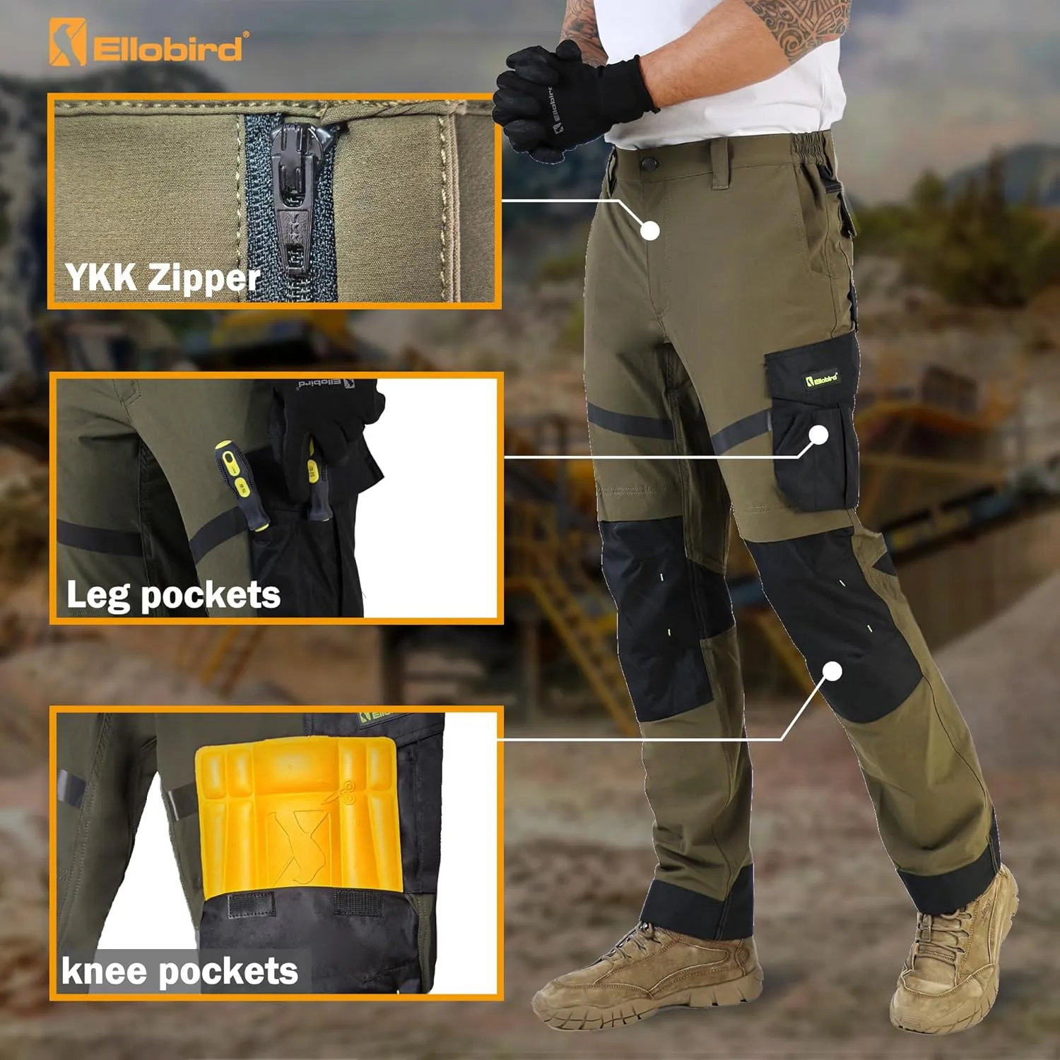 Ellobird Construction Work Pants for Men Summer Cargo 4 Way Stretch Relaxed Fit Water Repellent Double Knee Work Utility