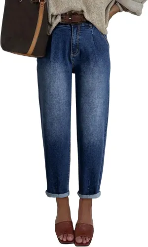 EVALESS Womens Baggy Jeans High Waisted Stretchy Boyfriend Barrel Denim Ankle Pants
