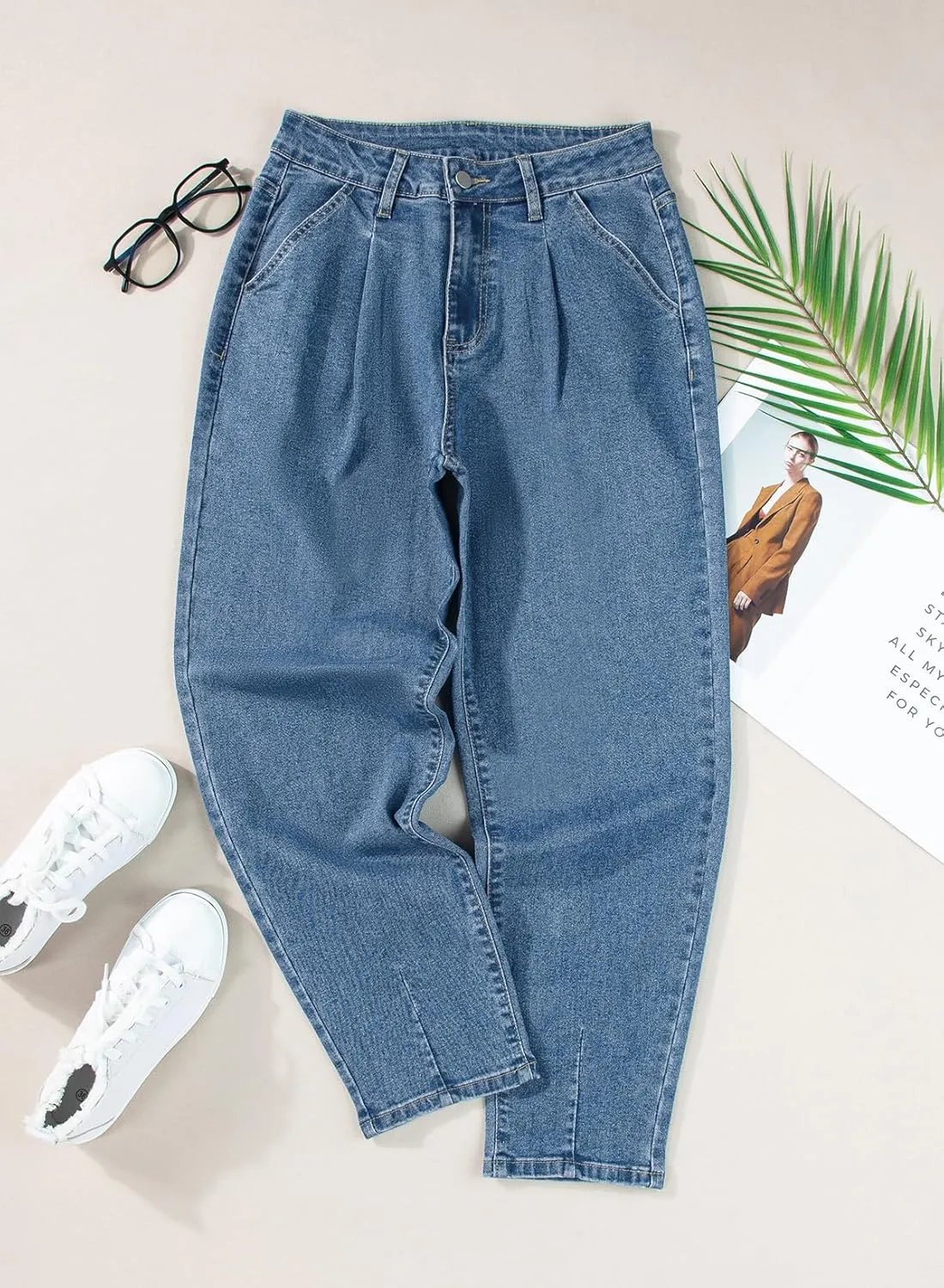 EVALESS Womens Baggy Jeans High Waisted Stretchy Boyfriend Barrel Denim Ankle Pants