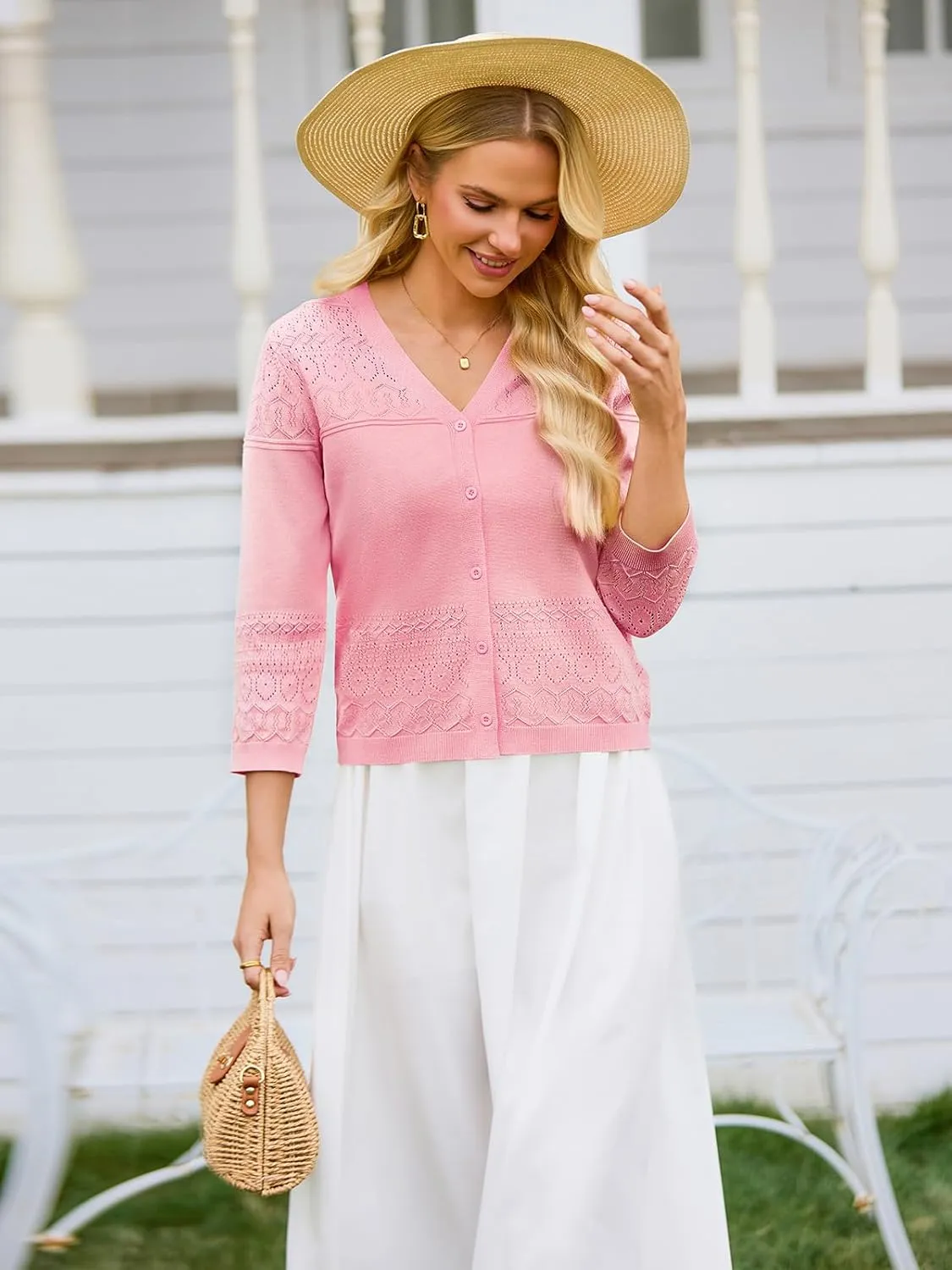 FAIRY SEASON Women's Lightweight Cropped Cardigan 3/4 Sleeve Crochet Shrug Button Down Knit Sweater Summer Cardigans