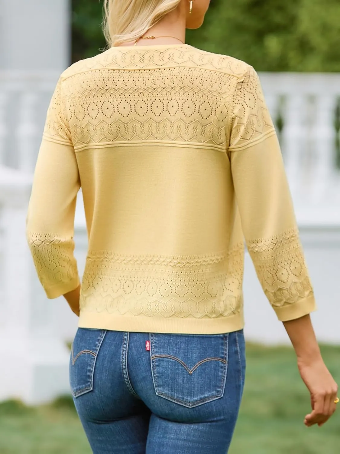 FAIRY SEASON Women's Lightweight Cropped Cardigan 3/4 Sleeve Crochet Shrug Button Down Knit Sweater Summer Cardigans