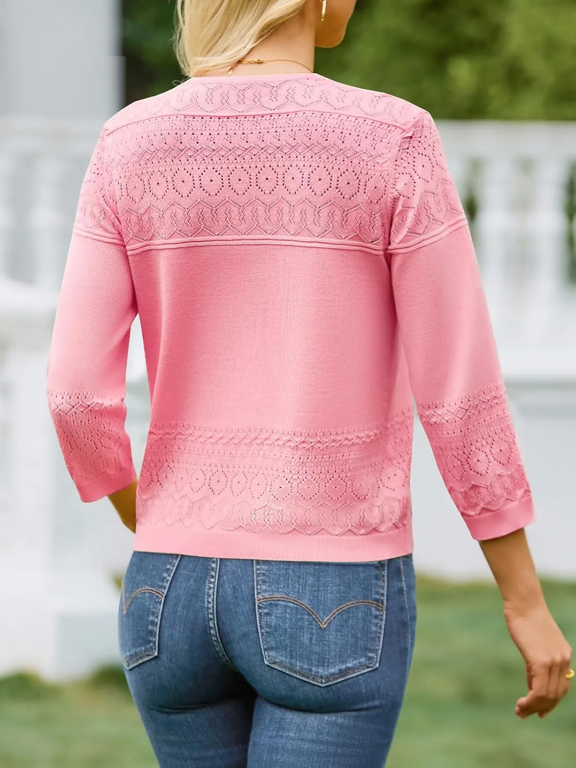 FAIRY SEASON Women's Lightweight Cropped Cardigan 3/4 Sleeve Crochet Shrug Button Down Knit Sweater Summer Cardigans