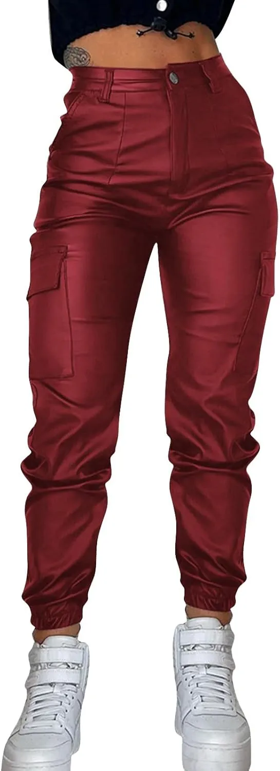 Faux Leather Pants Women High Waisted Straight Leg Petite Pants Slimming Stretchy Waist Casual Trousers with Pockets
