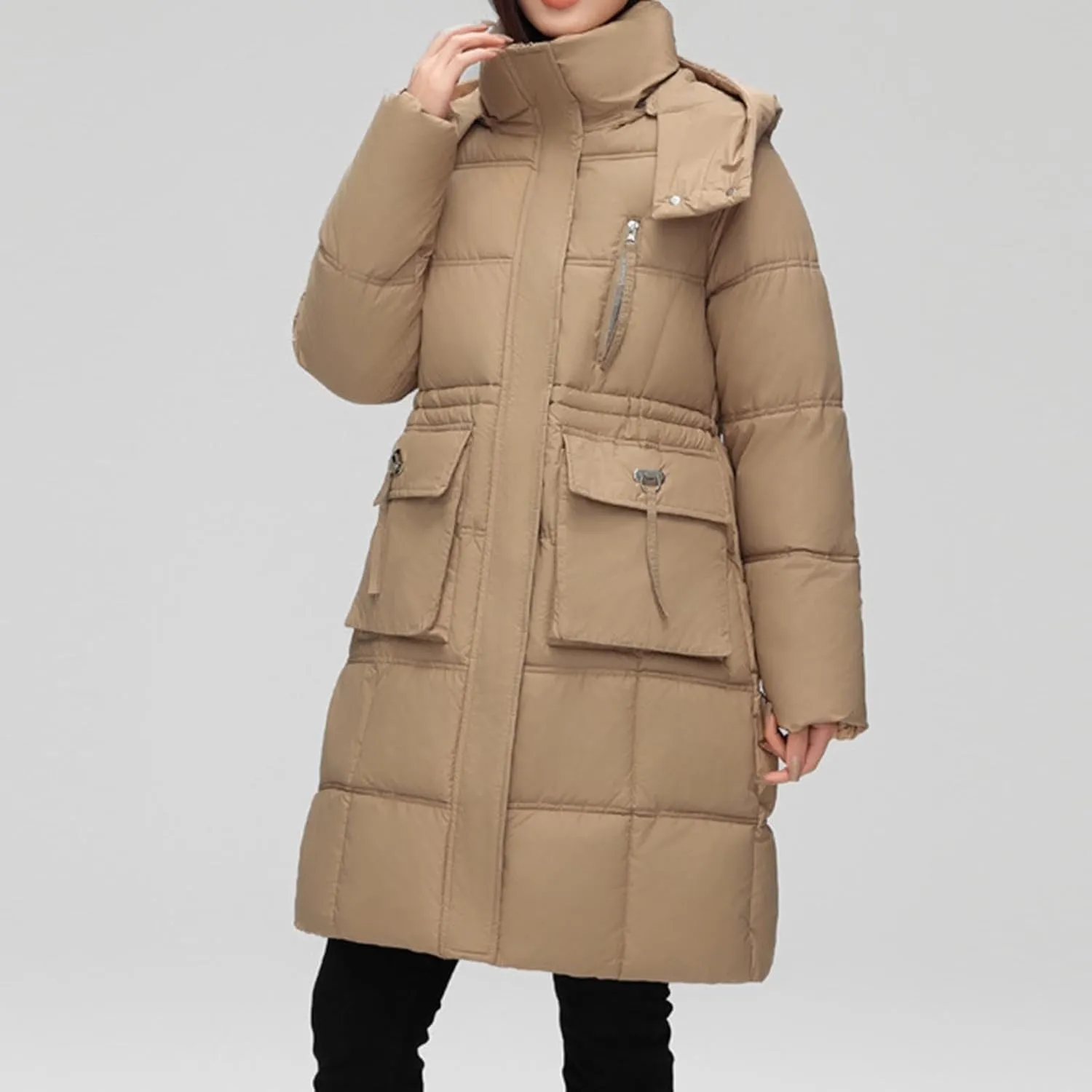 Finelylove Womens Long Puffer Coat Thicken Quilted Down Jacket Warm Drawstring Waist Hooded Parka Coat Trendy 2024 Outfits