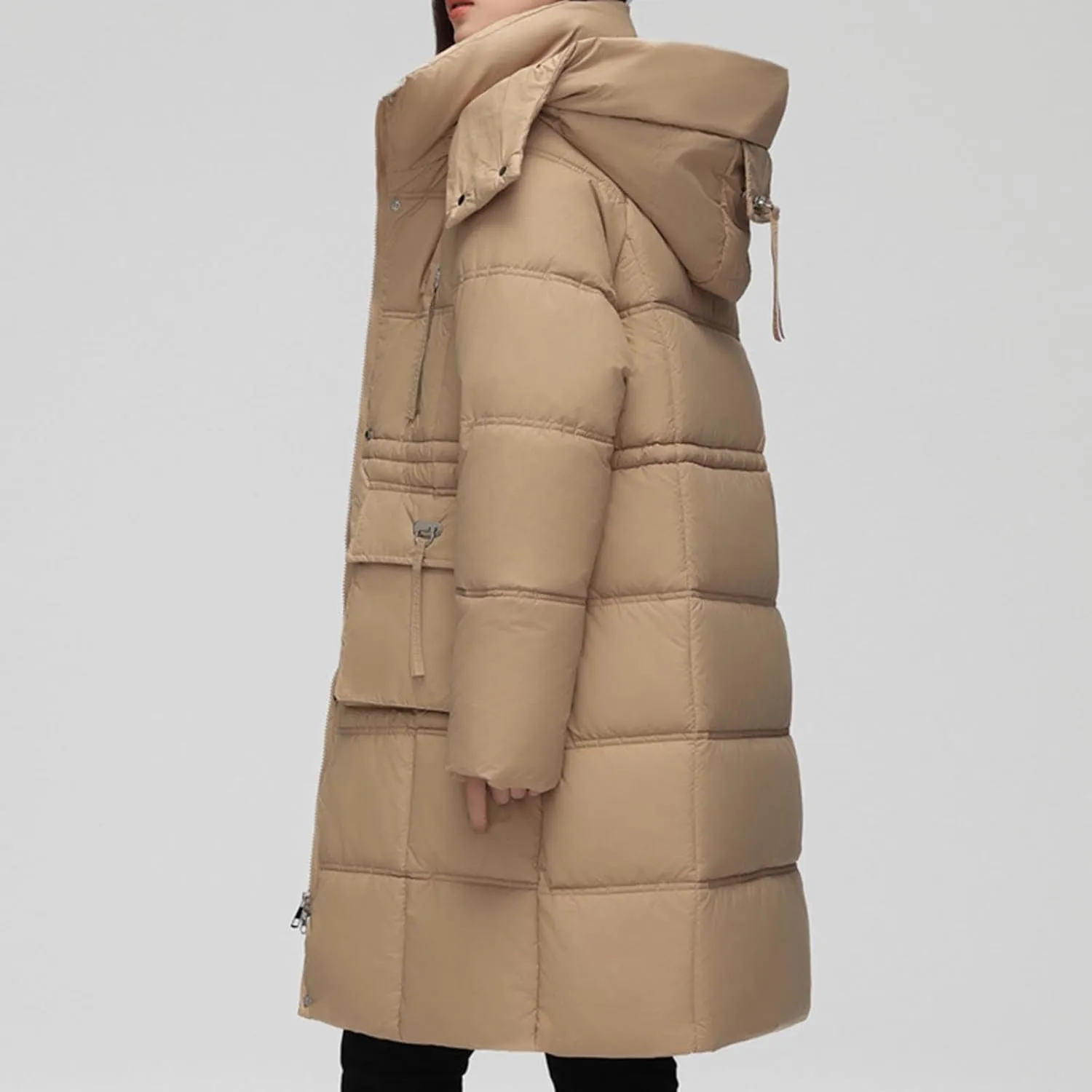 Finelylove Womens Long Puffer Coat Thicken Quilted Down Jacket Warm Drawstring Waist Hooded Parka Coat Trendy 2024 Outfits