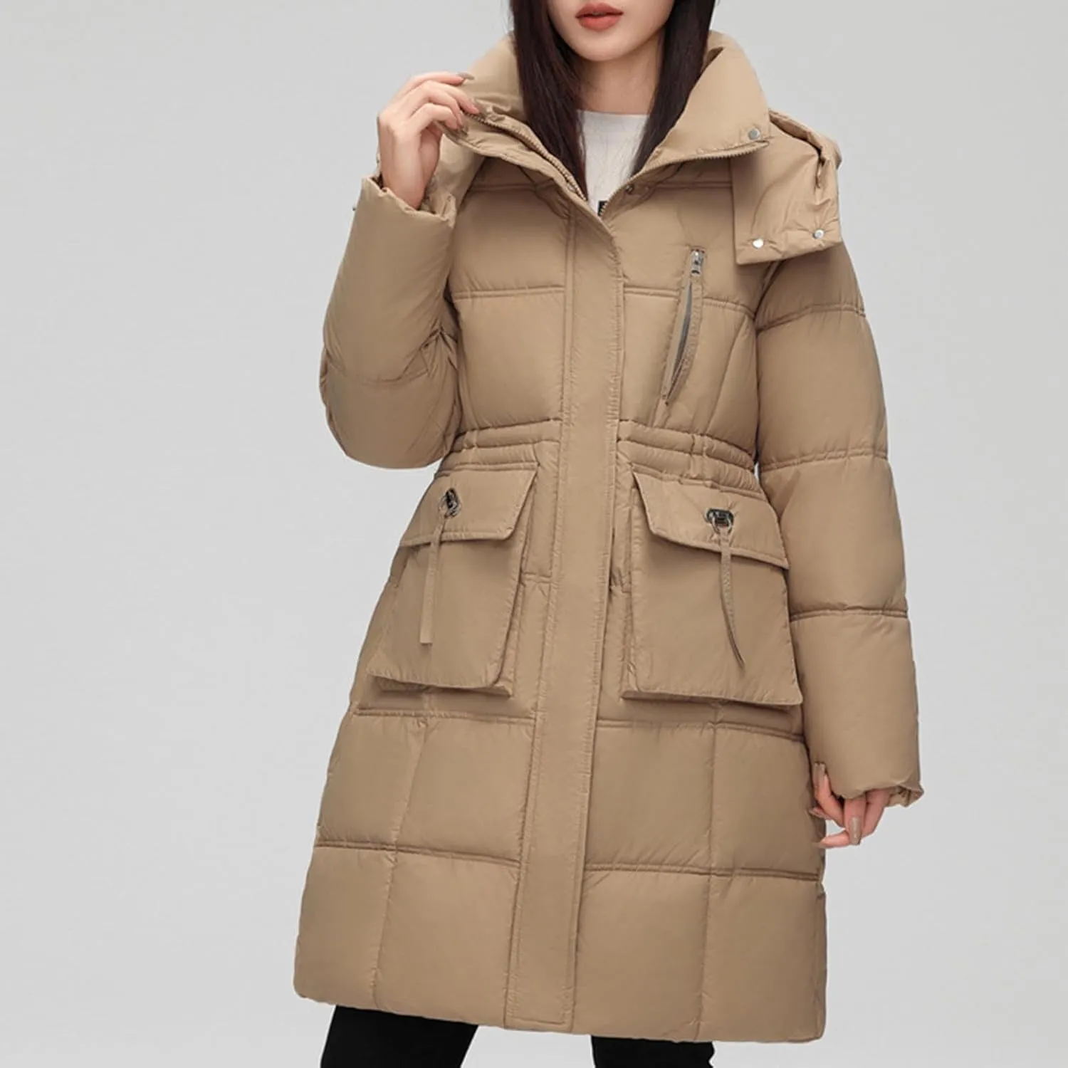 Finelylove Womens Long Puffer Coat Thicken Quilted Down Jacket Warm Drawstring Waist Hooded Parka Coat Trendy 2024 Outfits