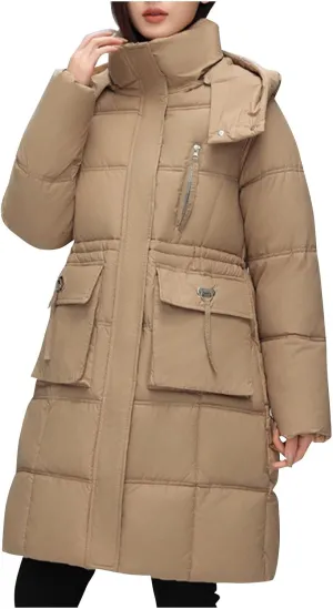 Finelylove Womens Long Puffer Coat Thicken Quilted Down Jacket Warm Drawstring Waist Hooded Parka Coat Trendy 2024 Outfits