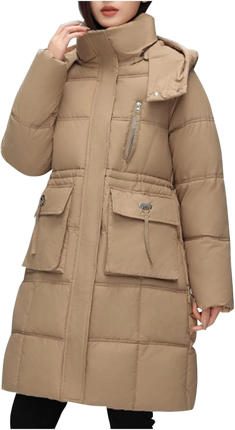 Finelylove Womens Long Puffer Coat Thicken Quilted Down Jacket Warm Drawstring Waist Hooded Parka Coat Trendy 2024 Outfits