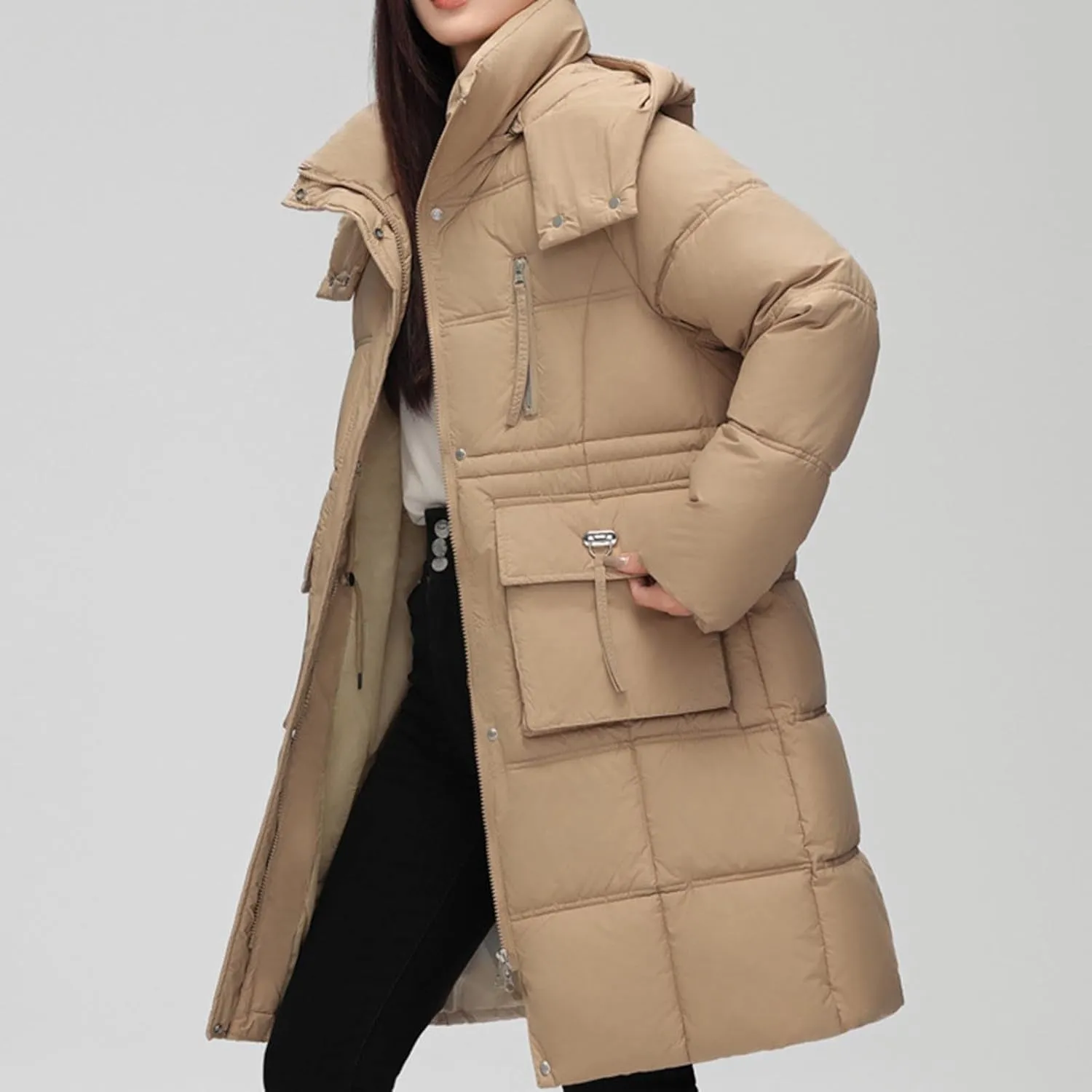 Finelylove Womens Long Puffer Coat Thicken Quilted Down Jacket Warm Drawstring Waist Hooded Parka Coat Trendy 2024 Outfits