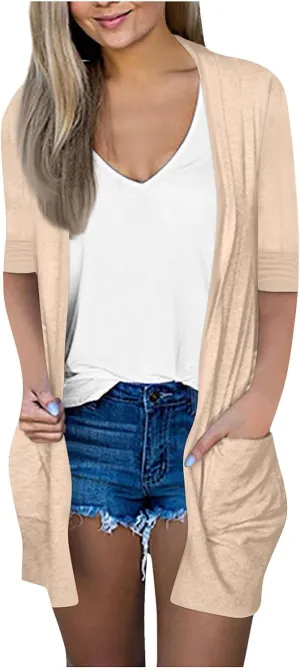 FlekmanArt Cardigan for Women Solid Color 3/4 Sleeve Open Front Cardigan Casual Trendy Flowy Lightweight Jacket with Pocket