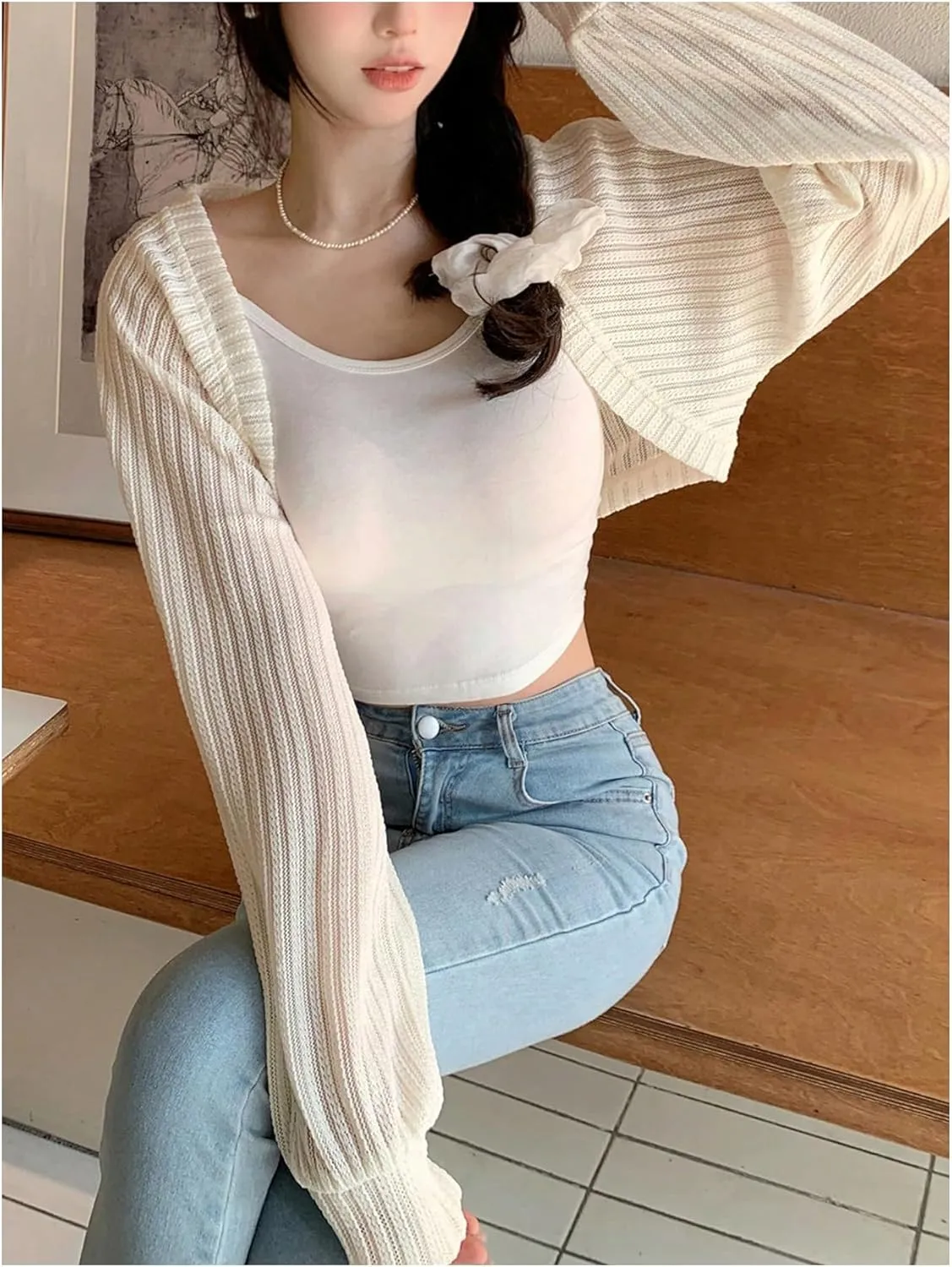 Floerns Women's Long Sleeve Open Front Knit Cropped Cardigans Casual Shrug Sweaters