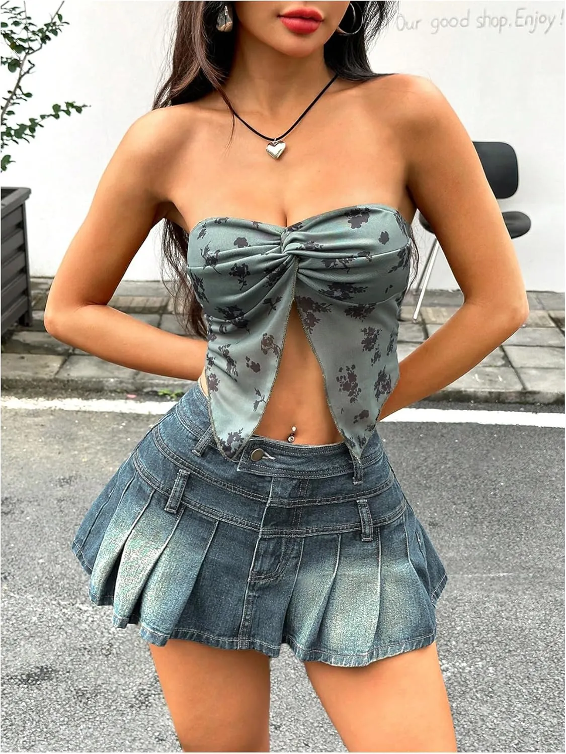 Floerns Women's Pleated Hem Denim Skirts High Waisted Y2k Jean Skater Skirts
