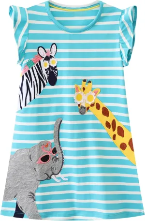FreeLu Toddler Girls Cotton Summer Short Sleeve Dress Cartoon Print Casual Jersey Dresses