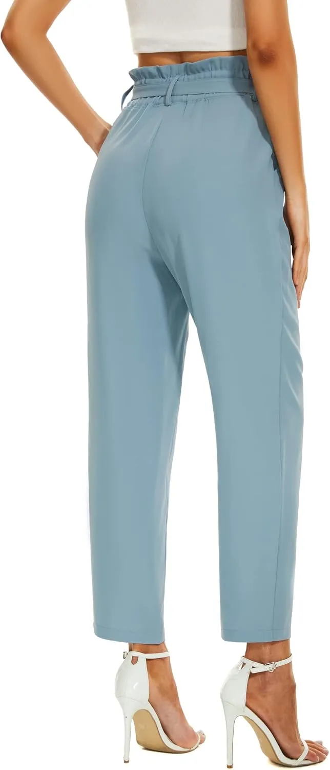 Ginasy Womens Paperbag Pants High Waisted Business Casual Pants Work Office Elastic Slacks Straight Leg Trousers Pockets