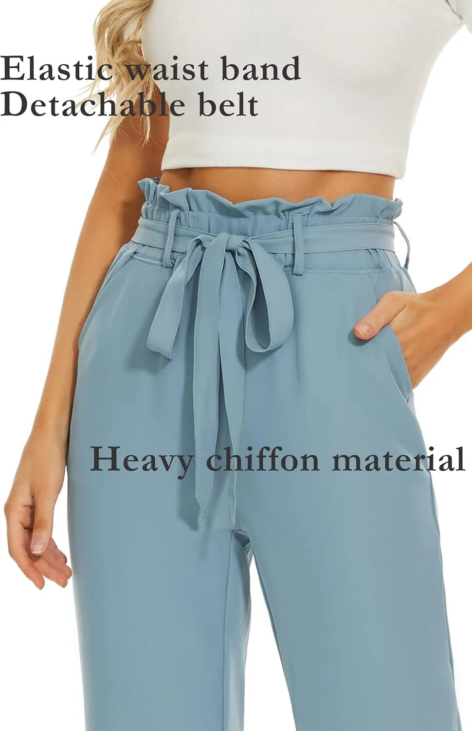 Ginasy Womens Paperbag Pants High Waisted Business Casual Pants Work Office Elastic Slacks Straight Leg Trousers Pockets