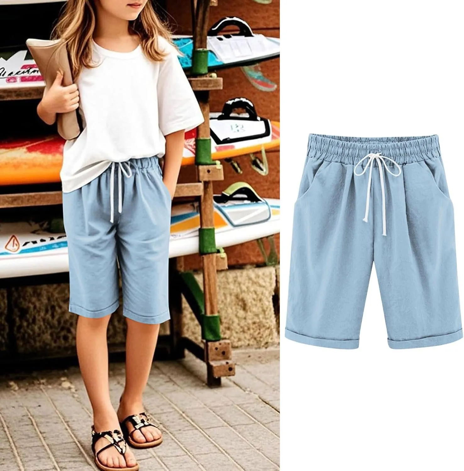 Girls Linen Matching Shorts Knee Length Outfits Beach Vacation Bermuda Shorts Summer Athlete Pants 3-13 Years