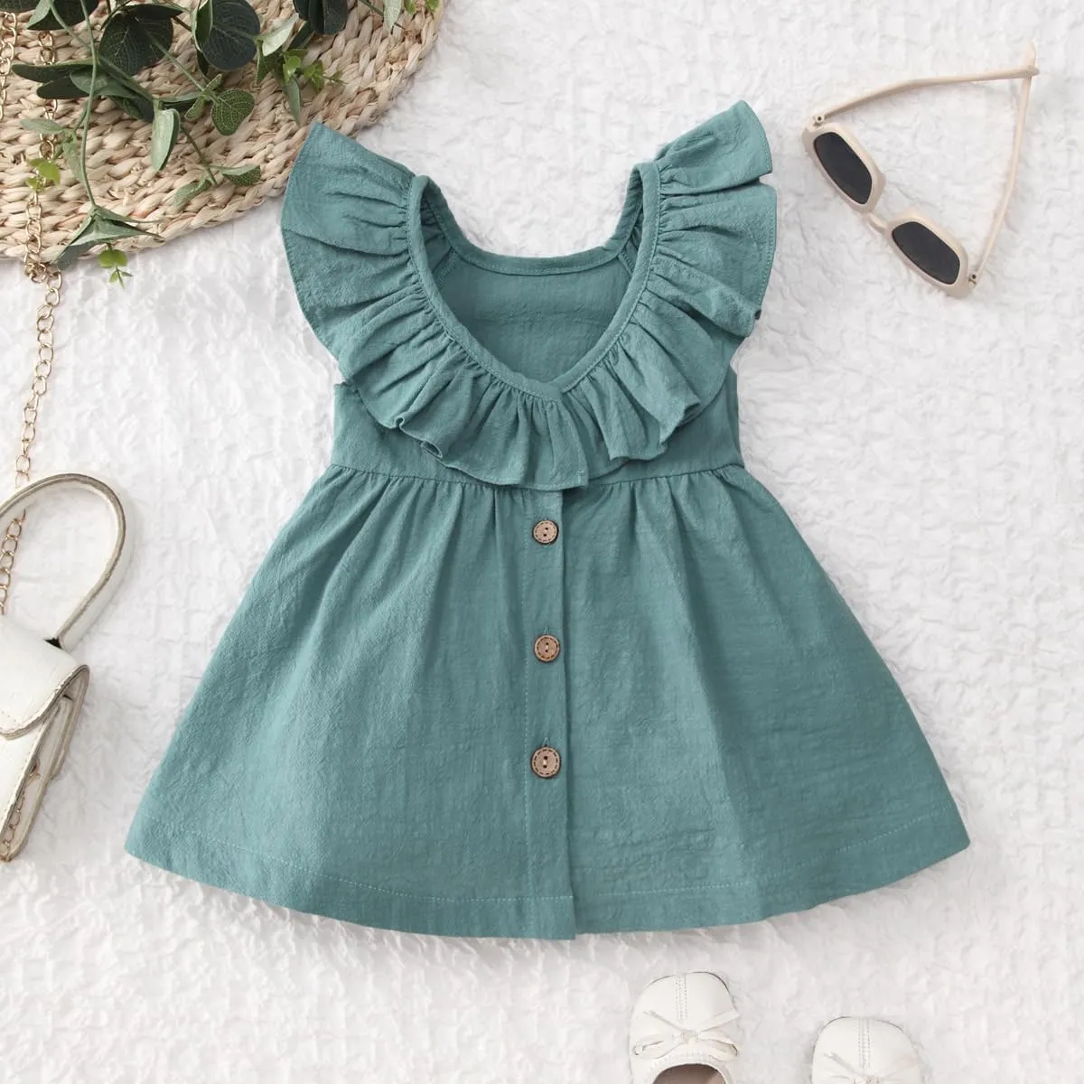 Goodplayer Toddler Girl Dress Summer Cotton Linen Ruffles Sleeveless Kids Casual Dresses Clothes