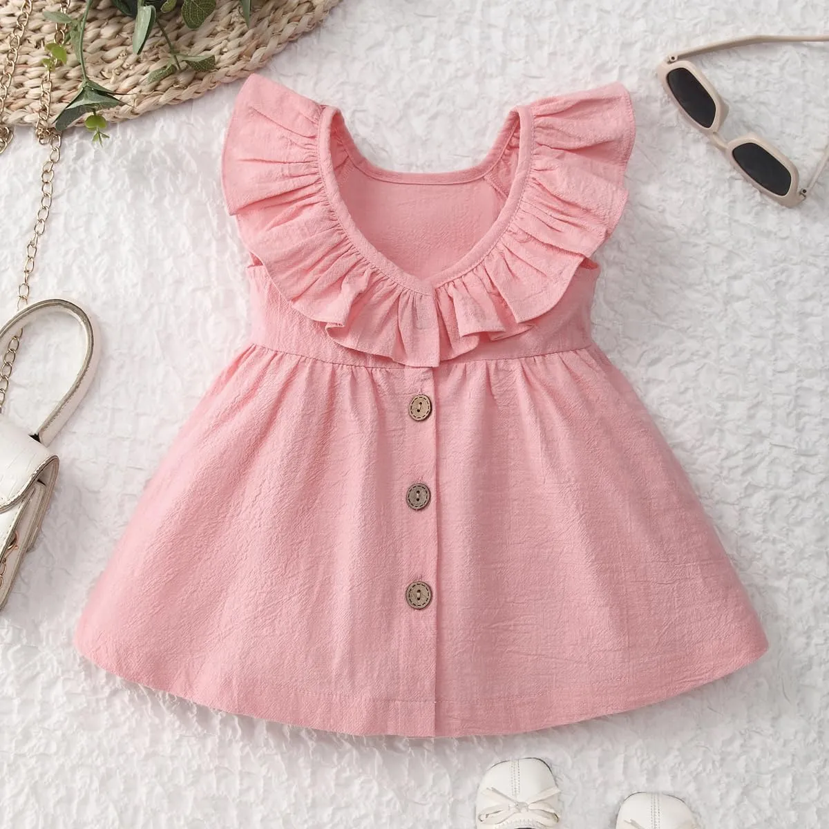 Goodplayer Toddler Girl Dress Summer Cotton Linen Ruffles Sleeveless Kids Casual Dresses Clothes