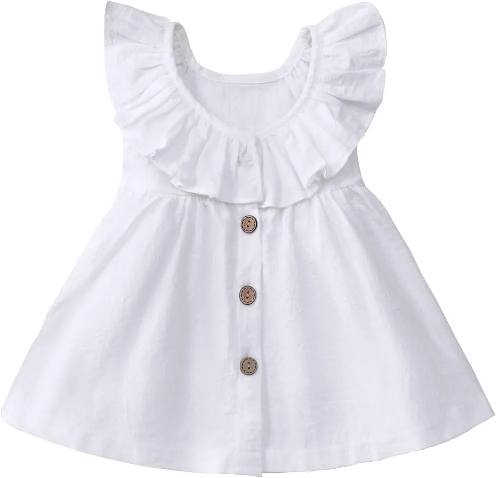 Goodplayer Toddler Girl Dress Summer Cotton Linen Ruffles Sleeveless Kids Casual Dresses Clothes