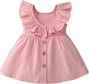Goodplayer Toddler Girl Dress Summer Cotton Linen Ruffles Sleeveless Kids Casual Dresses Clothes