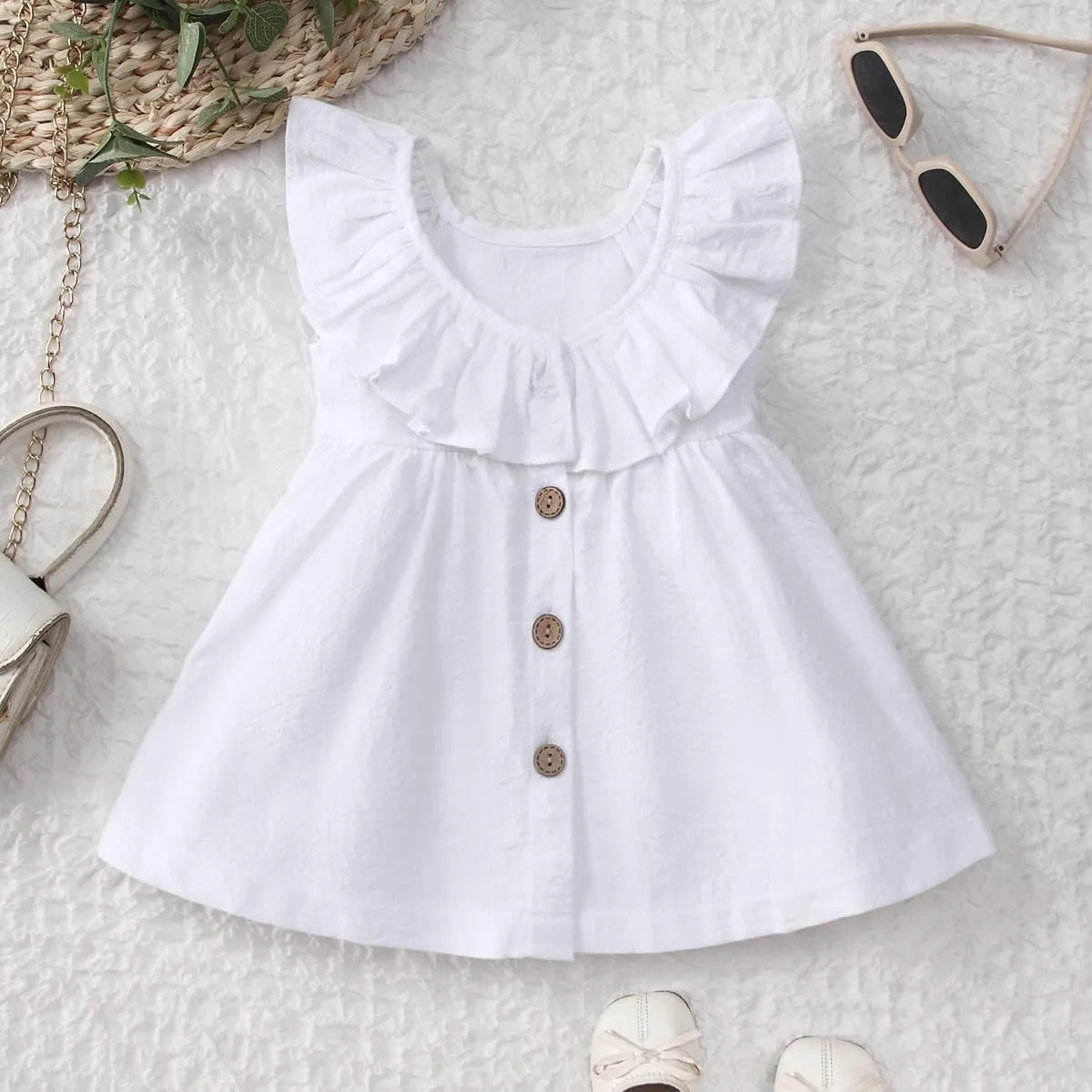 Goodplayer Toddler Girl Dress Summer Cotton Linen Ruffles Sleeveless Kids Casual Dresses Clothes