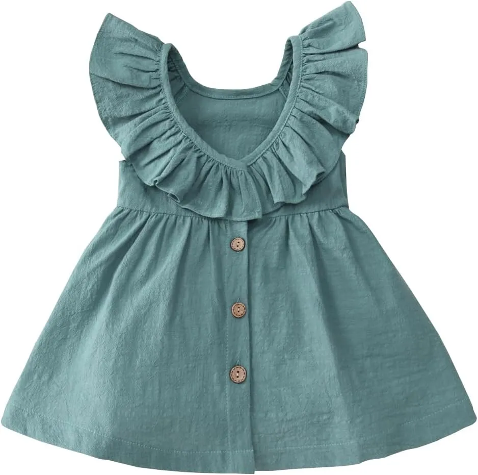 Goodplayer Toddler Girl Dress Summer Cotton Linen Ruffles Sleeveless Kids Casual Dresses Clothes