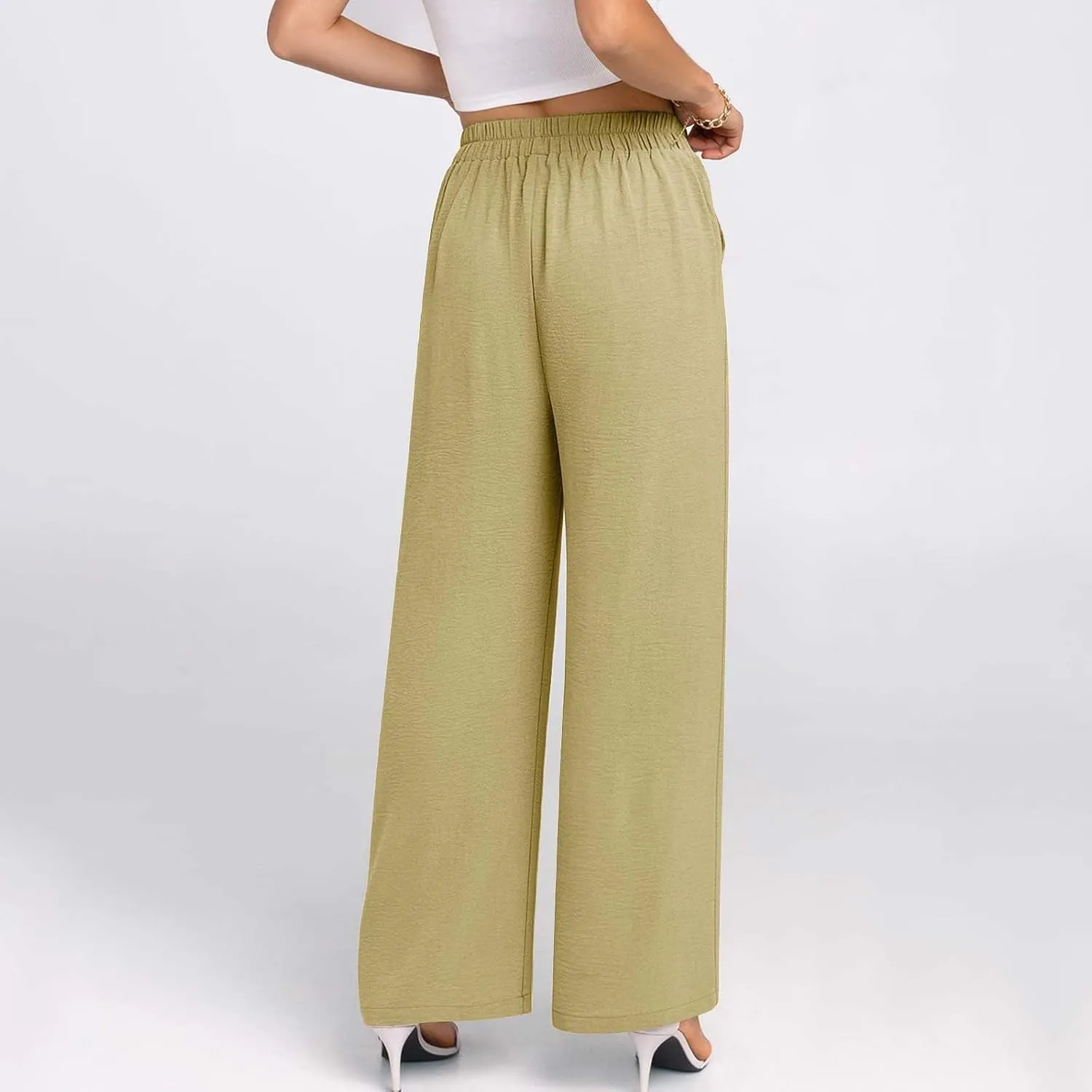 HGps8w Women's 2025 Summer Ice Silk Wide Leg Pants Pleated Straight Business Work Trousers Loose Suit Pants with Pockets
