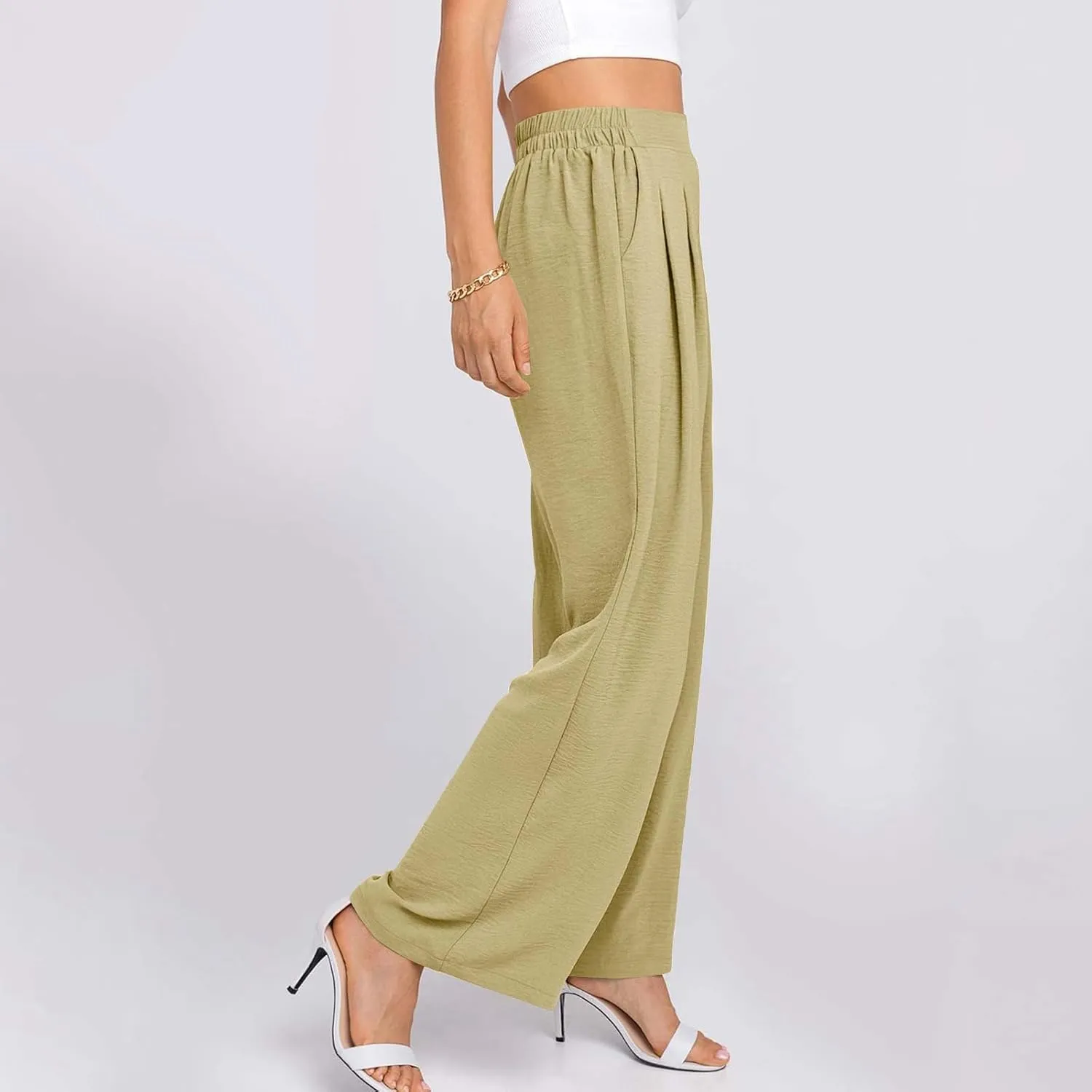HGps8w Women's 2025 Summer Ice Silk Wide Leg Pants Pleated Straight Business Work Trousers Loose Suit Pants with Pockets