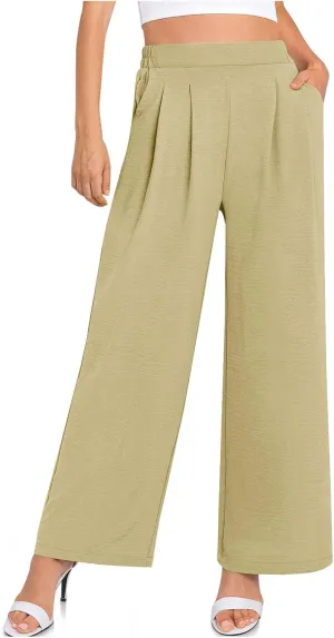 HGps8w Women's 2025 Summer Ice Silk Wide Leg Pants Pleated Straight Business Work Trousers Loose Suit Pants with Pockets