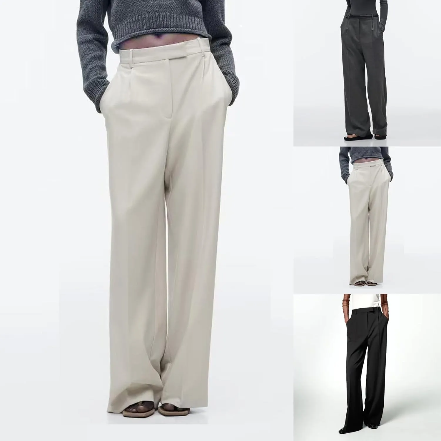 HGps8w Women's 2025 Summer Wide Leg Pants High Wiasted Straight Business Work Trousers Classic Solid Suit Pants with Pockets